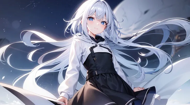 Look at viewers, hands behind back, girl with, 20 years old, Very short hair, long bangs between eyes, pale blue eyes, Hoodie, Skirt , Blue sky,, Sunlight, Extremely detailed,(​masterpiece、top-quality)、独奏、White hair、Black eyes、A smile、White skin as clear a...