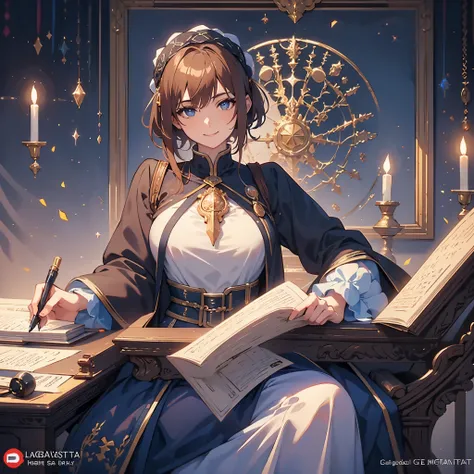 solo female medieval fantasy clerk, gentle smile, writing documents on the table, light brown short hair, bust shot portrait, close view.