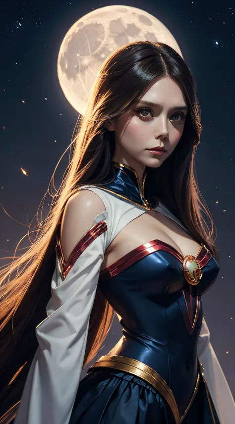 Elizabeth Olsen, sailor moon sexy costume, stand in front of the moon, character portrait, 5 9 9 0 s, long hair, intricate, elegant, highly detailed, digital painting, artstation, concept art, smooth, sharp focus, illustration, art by wlop, charlie bowater...