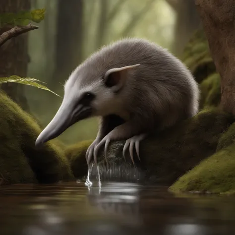 gremlin, looks like an anteater, bright silver and brown, long tail, large ears, covered with silver fur, holding an acorn in his paws, water, Burrow, tree roots stick out from the walls in the hole,  mushrooms sticking out of the ground, Best Quality, Mas...