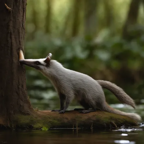 gremlin, looks like an anteater, bright silver and brown, long tail, large ears, covered with silver fur, holding an acorn in his paws, water, Burrow, tree roots stick out from the walls in the hole,  mushrooms sticking out of the ground, Best Quality, Mas...