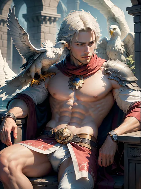 ((best quality)), ((masterpiece)), (detailed), A hot male mage with water powers, sitting on top of his castle roof, with a white eagle on his shoulder