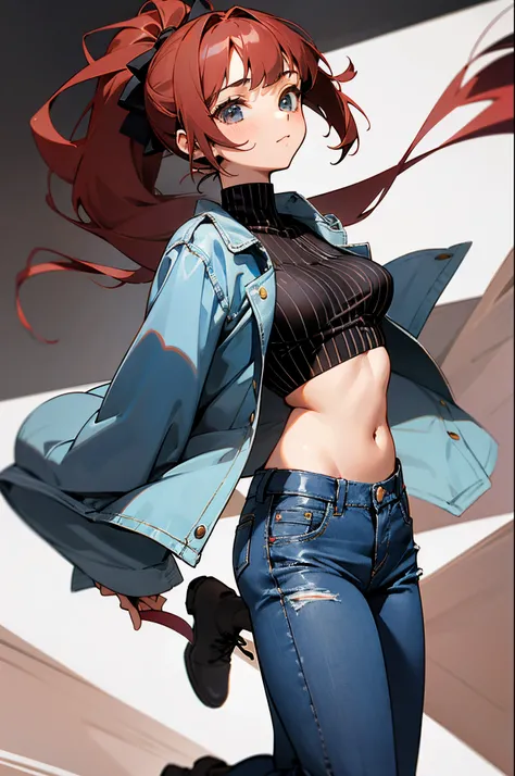 a fifteen-year-old girl, a blue denim jacket, layered over a black-striped top, dark red trousers, chestnut-red slightly curled short ponytail tied behind her head, bangs, black combat boots, busts