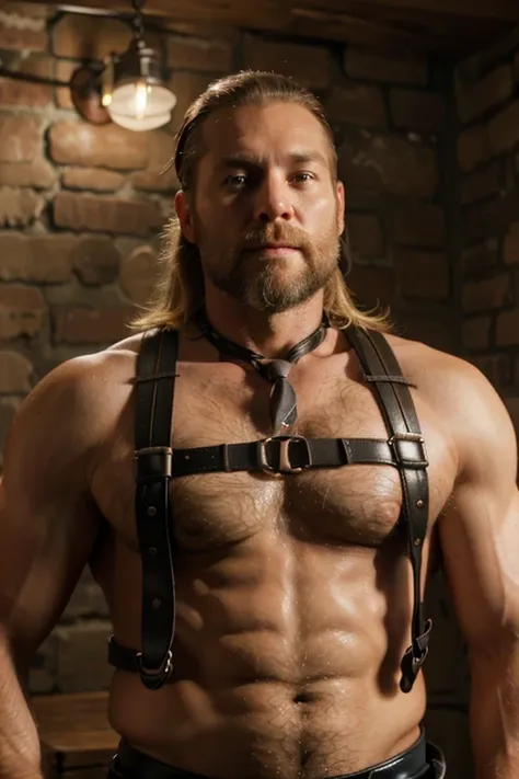 (realistic, high-res), gay bear, blond hair, strong built, 40 years old, beard, hairy, leather harness, dungeon