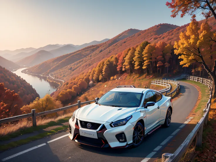 超A high resolution、An ultra-high picture quality、8K、Detailed details、marvelous expression、Late autumn valley、Beautiful autumn leaves、A white car driving gracefully on a mountain pass built along the mountain、((Nissan Be-1))