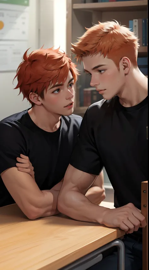 Two 15-year-old orange-haired teenage friends are talking, conversan, parlean  en la escuela comparten un secreto de que son casi amigos de hermanos... (usar los mismo personajes)