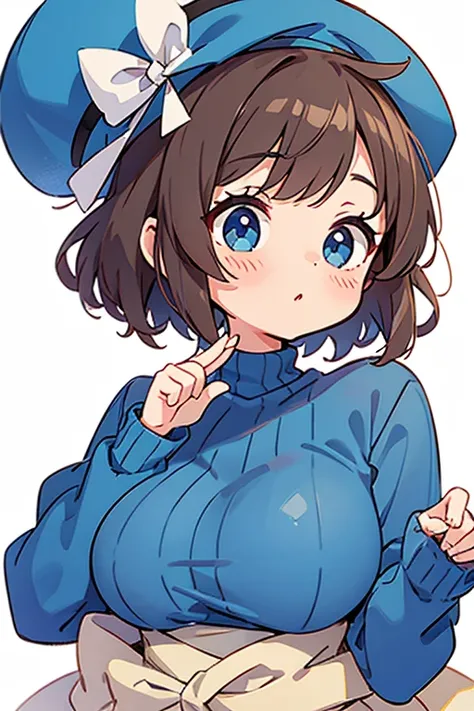 Shoulder sweater, Curly shorthair, kawaii pose、bustup、Hats、blue clothing、femele、large full breasts