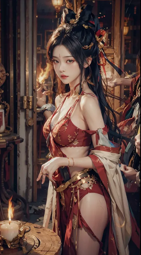 （From the outside）Best quality，tmasterpiece，Realistic photos，Complicated details，RAW photos，Broken temple，rainy outside，Erotic lingerie，whaite hair，Extra-long hair，cropped shoulders，putting makeup on，(电影灯光，Works of masters，detailed detail)，