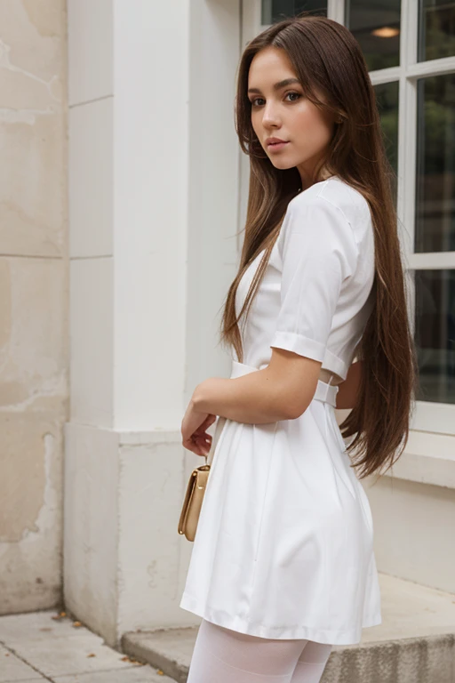 fahion woman, long hair, short white dress, pantyhose