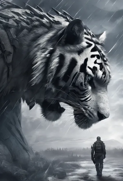 （hyper-detailing,tmasterpiece,hyper HD,Best quality at best：1.3）,One has a pair of wings,There are scars on the face,There is an aperture on the head,Adult white tiger surrounded by lightning,The background is a forest and sky,Lightning,