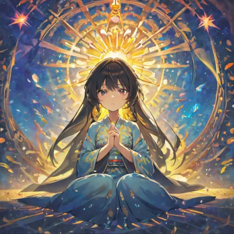 a beautiful black-haired girl、Close your eyes and meditate while folding your hands in prayer in a vast space., Under the blue sky、eternal garden.、closing eye、Enlightenment、A meditative、harmony、best composition、masutepiece、kosmos、mandalas、buddhist universe...