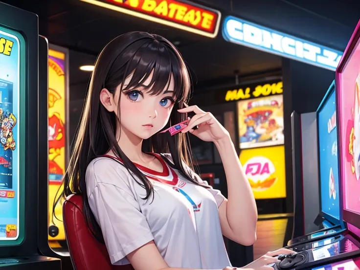 (masterpiece), best quality, expressive eyes, perfect face, girl playing arcade video games, arcade