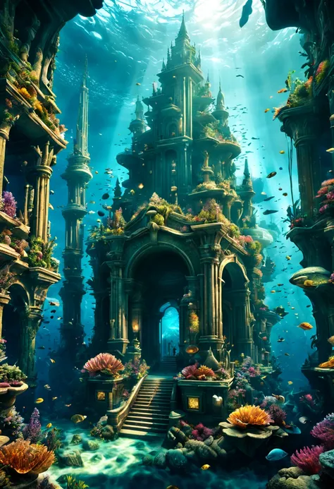 (Utopia art, Utopia theme:1.4), undersea temple, underwater city, lost city of atlantis, fantasy sea landscape, amazing depth, futuristic underwater metropolis, underwater world, beautiful digital artwork, (best composition), ultra-wide-angle, octane rende...