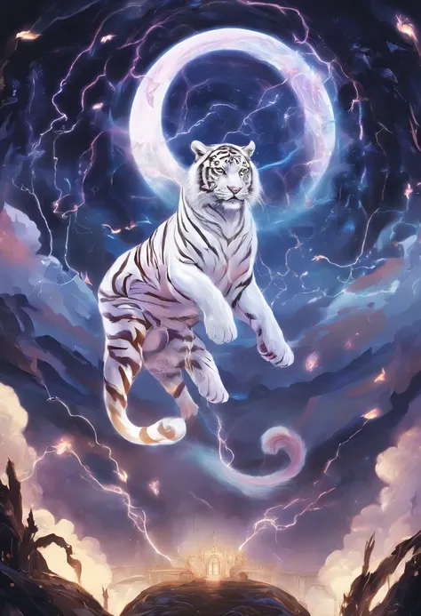 （hyper-detailing,tmasterpiece,hyper HD,Best quality at best：1.3）,One has a pair of wings,（wings：1.2）There are scars on the face,There is an aperture on the head,（light circles：1.3）Adult white tiger surrounded by lightning,（salama：1.2）The background is a fo...