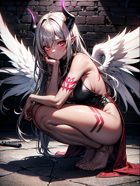 1girl, adult woman, succubus, demon girl, black horns, colored skin, red skin, deep red skin, squatting, blushing, naked, oiled body, wet body, white wings, angel wings, feather wings, black sclera:1.1, silver hair, pixiecut hair, tail, demon tail:1.3, hea...