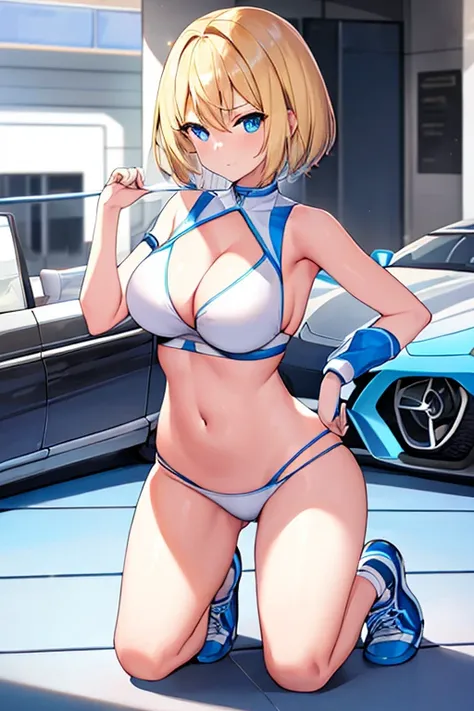 1girl, wide hips, large breasts, wide hips, blonde hair, short hair, very short hair, blue eyes, futuristic, machinery, science-fiction, tech, shoes, sneakers, neon trim, bikini, white bikini, white clothes, blue neon trim, full body, light smile, car, spo...