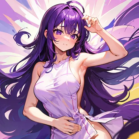 Girl, long hair, purple hair, big breasts, medium legs, ilying on the bed,  face, cute shy face, sweating, naked, shaking body, dakimakura