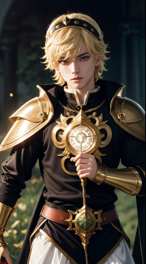 (absurdres, highres, ultra detailed, HDR), masterpiece, best quality, "magic knight rayearth" Character handsome boy in dark outfit short hair wearing detailed headgear light blonde hair