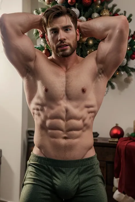 chris evans wrapped up as a christmas present, muscular body, massive bulge, christmas tree in background