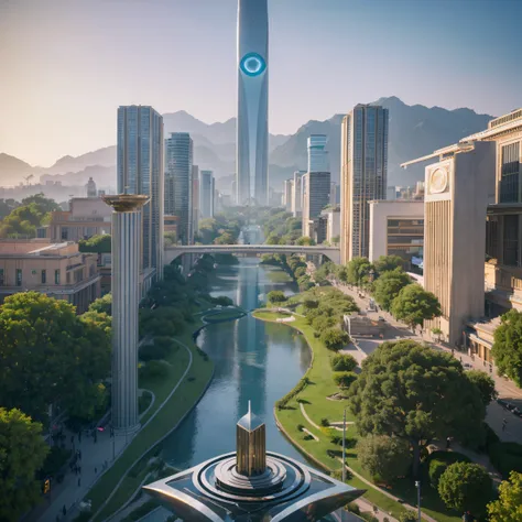 Best quality at best,4K,8K,A high resolution,tmasterpiece:1.2,beautiful utopian city，(Metal sculpture in the square:1.5),Sculpture symbolizes peace.stick together.Fair.Fair,order，in the style of futuristic，Best quality at best,4K,8K,A high resolution,tmast...