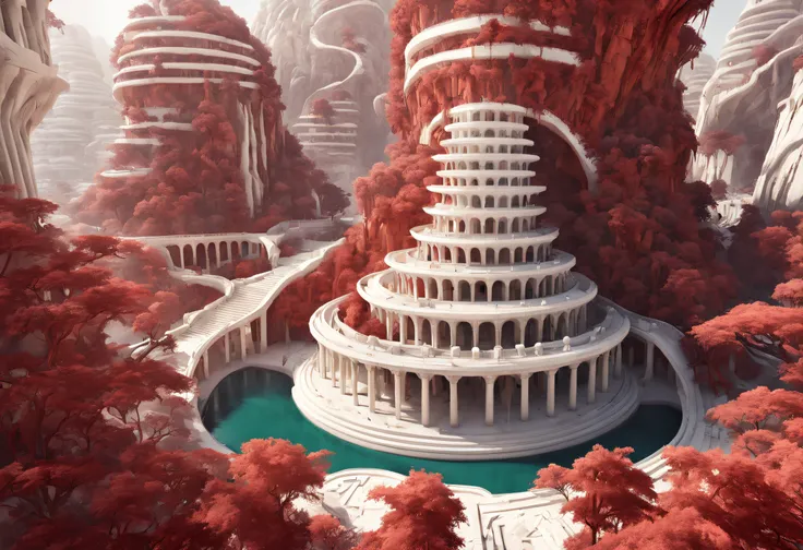 (Huge tree-shaped white building in a utopian world:1.37），the rainforest，Shapes vary，spherical、cubes、Ruit、polyhedron，There are also slim-waisted cylinders and two geometric twin bodies with different geometric shapes combined into one.。The interior decorat...