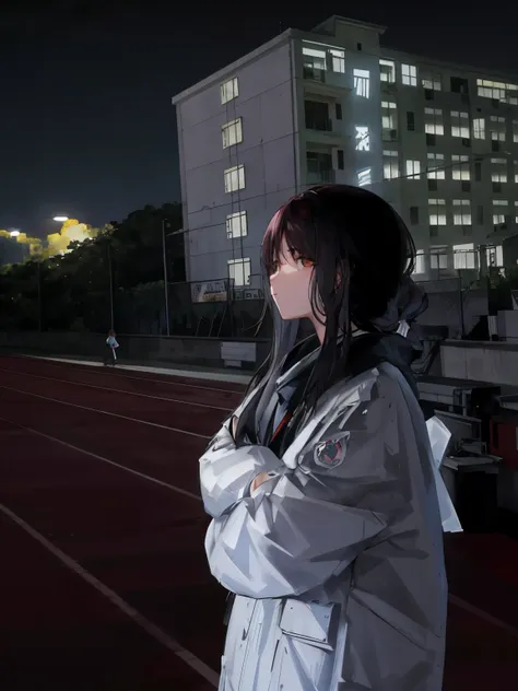 there is a woman standing on the track，in the background is a building, ulzzangs, two-dimensional portrait of korean female idol