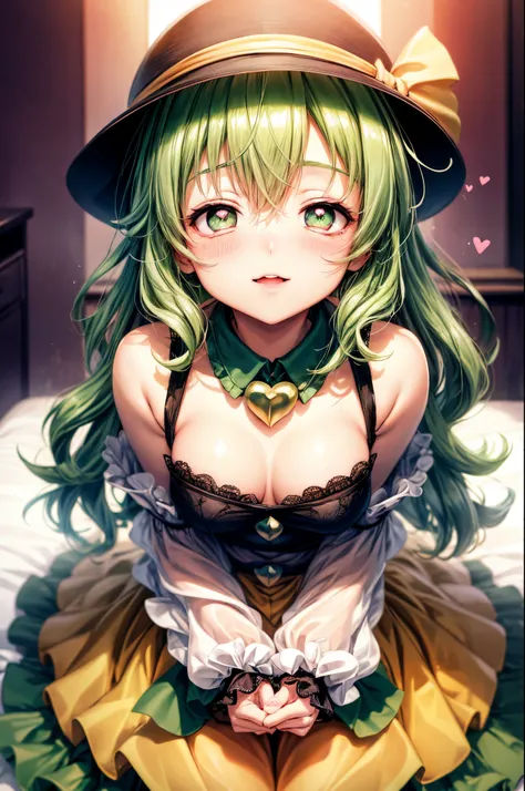 masutepiece, Best Quality,  1girl in,Smile,komeiji koishi, hat,hat bow,Green hair,Green eyes(Eyes of Hearts),symbol-shaped pupils, eyeballs,Bedroom background,fullnude、Face during estrus、Courtship attitude、A slender、Only the upper body is visible、a closeup