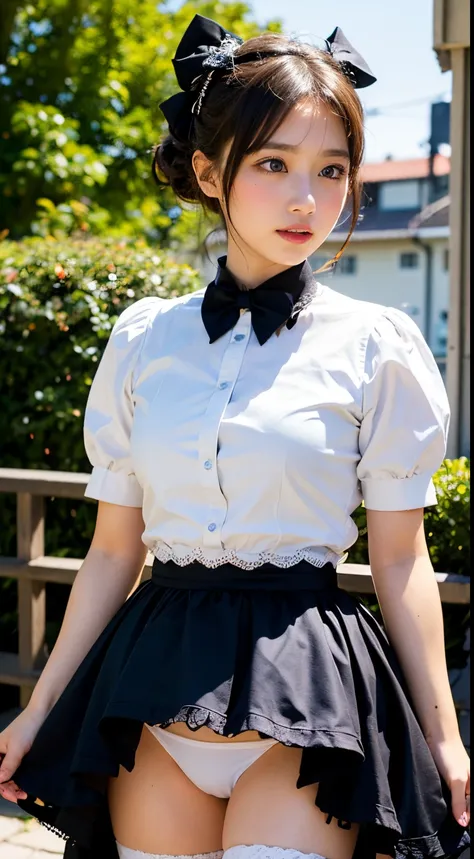 (masutepiece, Best Quality:1.2), 8K, 85 mm, Official art, Raw photo, absurderes, A dark-haired, (Blue eyes, Lolita Fashion, sweetlolita, Gothic, Dress:1.2), Idol face, Upper body, Beautiful Girl, gardeniass, Copenhagen, Short sleeve, Elegance, Sophisticate...