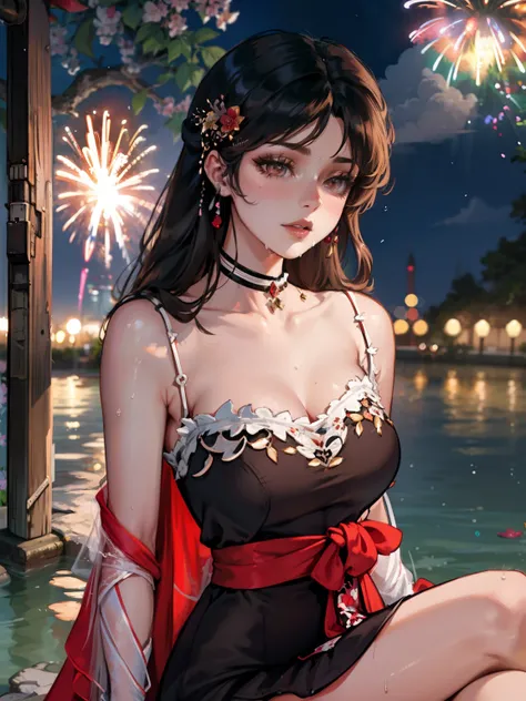 Loose clothing、cropped shoulders、Dark string dress、How to wear a black dress、Decorated with intricate patterns and bright colors、transparent materials，Makes skin shiny、The artwork depicts seductive female dresses wearing damp cloth and transparent skin, Fl...