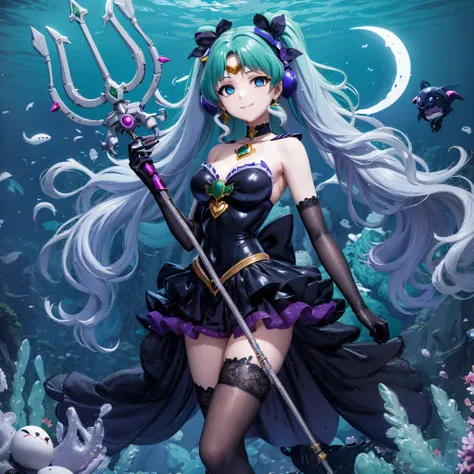 sailor neptune of the fallen. female solo. aqua color hair. brainwashed eyes. a black mask that hides the eyes. evil costume. ne...