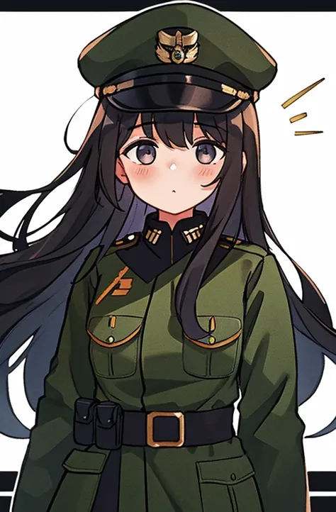 girl with、Long hair、A dark-haired、military outfits、Military Cap、Have a gun、bustup、Black clothe