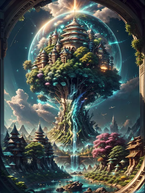 (((A utopian world with futuristic science fiction and fairy tale elements，Mechanical metal combined with classical mythological elements)))，(In this illustration of a utopian world，Describe a fairy tale、An ideal country with science fiction elements。The b...