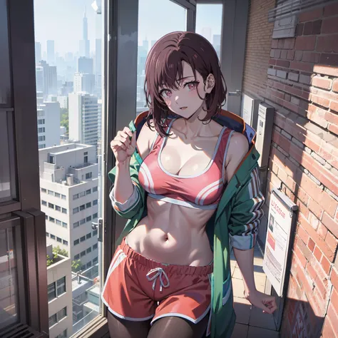 Shizuka Mikazuki, masutepiece, Best Quality,Ultra-detailed,1girl in, Beautiful, pink sports bra, Pink shorts, Look out the window, Detailed eyes, Detailed face, short brown hair with pink stripes,, medium breasts, Looking out the window of a skyscraper, Lo...