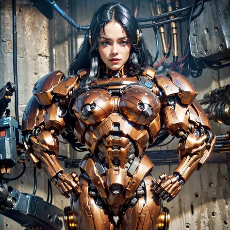 (beautiful female sex droid:1.5), (female mecha cyborg face:1.5), (covered in cables and mechanical muscles:1.5), (robotic mecha...