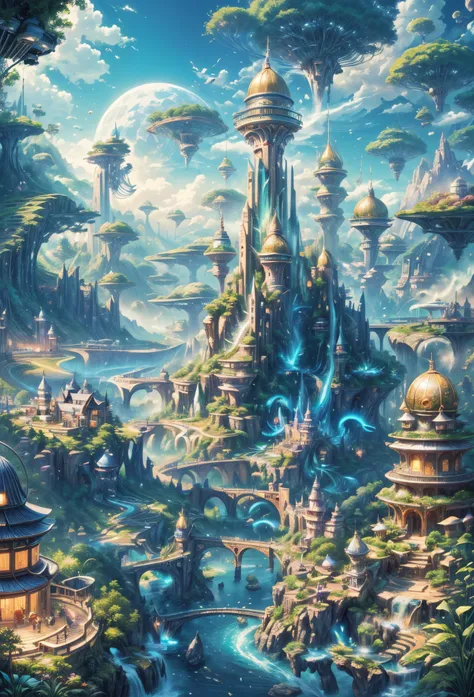 (((A utopian world with futuristic science fiction and fairy tale elements,Mechanical metal combined with classical mythological elements))),(In this illustration of a utopian world,Describe a fairy tale、An ideal country with science fiction elements。The b...