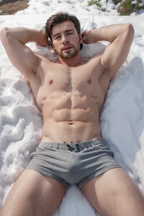 chris evans in boxershorts, laying in snow, looking submissive and breedable, massive bulge