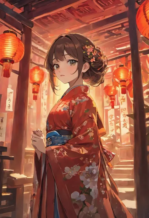 "High-quality works of art：A young brunette girl holds sugar-coated hawthorn skewers in a traditional Chinese setting. She is wearing a dragon pattern cheongsam:1.4 with intricate details and vibrant blues. Surrounding her is the backdrop of a night temple...