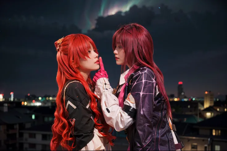 they are two people with red hair standing on a roof, cosplay photo, macross delta, rias gremory, akasuki voidstar, taken with canon eos 5 d mark iv, ddlc, anime cosplay, macross frontier, nixeu and sakimichan, with lightning, anime girl cosplay, night und...