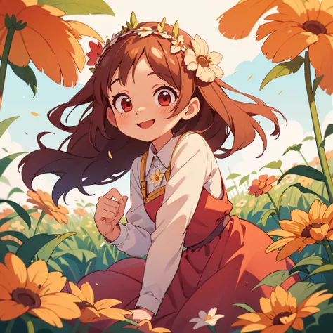 Only one girl, 1girl, wearing a flower crown, wearing a summer dress, flower field, smile, warm vibe, smooth color, red eyes, brown hair