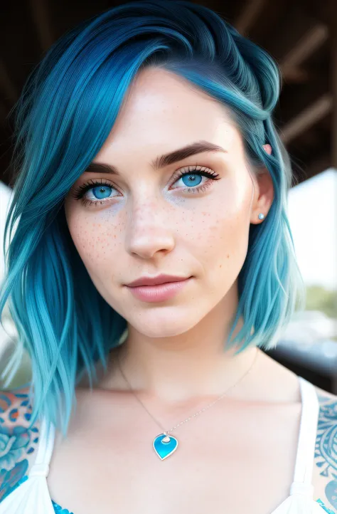 a woman in her 20s, looking at the camera, she has freckles, blue eyes, she has lush blue hair, tattoos on neck, wearing white d...