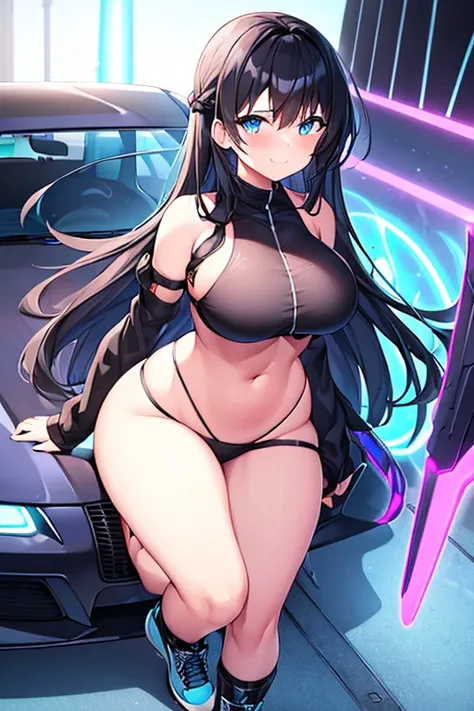 1girl, wide hips, large breasts, wide hips, black hair, long hair, blue eyes, futuristic, machinery, science-fiction, tech, shoes, sneakers, neon trim, bikini, black bikini, black clothes, purple neon trim, full body, light smile, car, sports car, shy, blu...