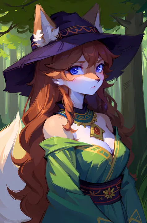 hairy pubic,girl fox,tmasterpiece, Best quality, (Just focus), (Its a perfect face:1.1), (high detal:1.1), (Ultra-detailed eyes), With a hat on, forest in background, Ethnic style costumes