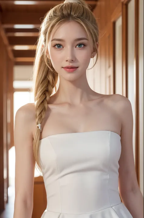 Elongated ears, large bust, slender figure, slitted blue eyes, ideal proportions, semi-long blonde hair, ponytail, smiling face, long shot, rolled up slit in white dress, company corridor, ultra realistic,, realistic capture, high detail, high-resolution 1...