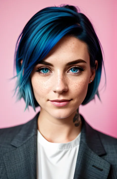 a woman in her 20s, looking at the camera, she has freckles, blue eyes, she has lush blue hair, tattoos on neck, wearing dressed...