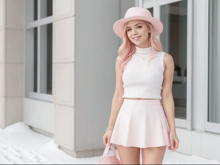 a woman in a white hat and pink skirt posing for a picture, mini-skirt, pink tight mini-skirt, pink mini-skirt, miniskirt, mini skirt, pink skirt, short skirt, white miniskirt, wearing tight simple clothes, short miniskirt, tight outfit, in the snow, in pa...