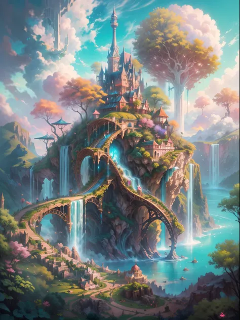 Enchanting utopian world scenes that imagine the majestic realm of romantic fantasy. The environment is full of intricate floating islands, Fluffy clouds, Waterfall cascading from floating island, and a vibrant, Surreal atmosphere. The atmosphere is filled...