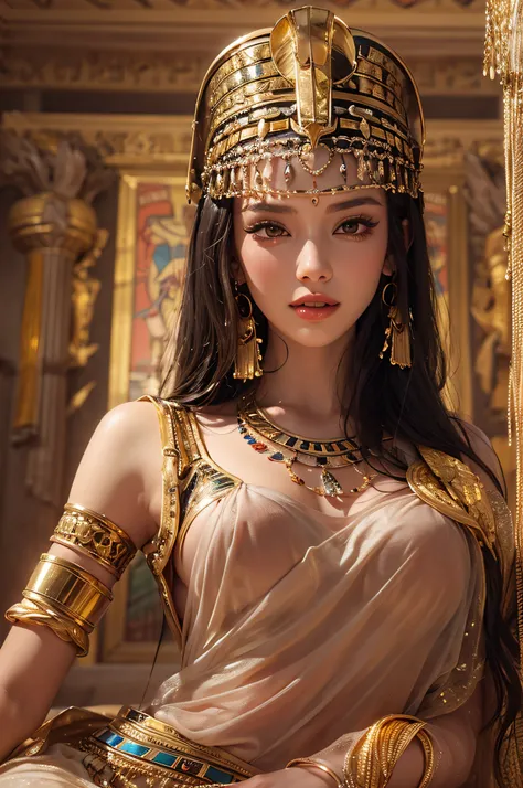 Sexy mature Cleopatra,Cleopatra,Ancient Egyptian palace,wearing ancient egyptian clothing,Ancient Egyptian decorated rooms,Ancient egyptian arranged background,Lie on the big bed(An extremely delicate and beautiful work:1.2)a very beautiful and sexy woman,...