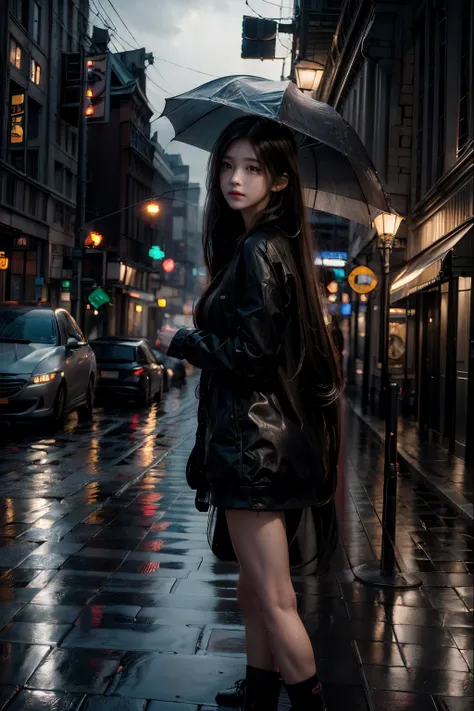 best quality,ultra-detailed,realistic,long hair,girl,raining,street view,portraits,photography,vivid colors,wet pavement,umbrella,city lights,reflections,cityscape,sidewalk,neon lights,traffic,night scene,lonely,serene,urban,atmospheric,bokeh,soft focus,hi...