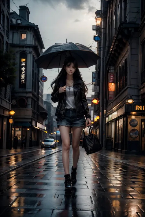 best quality,ultra-detailed,realistic,long hair,girl,raining,street view,portraits,photography,vivid colors,wet pavement,umbrella,city lights,reflections,cityscape,sidewalk,neon lights,traffic,night scene,lonely,serene,urban,atmospheric,bokeh,soft focus,hi...