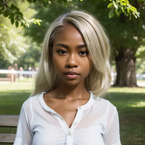 solo ((full shot)) of an attractive (( blasian dark brown skin young woman ))she is beautiful and petite wearing a ((white blonde hair )) ash blonde hairstyle dark brown skin girl )) cute plaid  red shirt and shorts  on a petite woman ((lifelike skin textu...